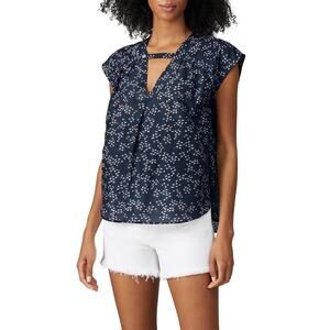 Current/Elliott Sky Short Sleeve Floral Navy Blue V-Neck Blouse Size S